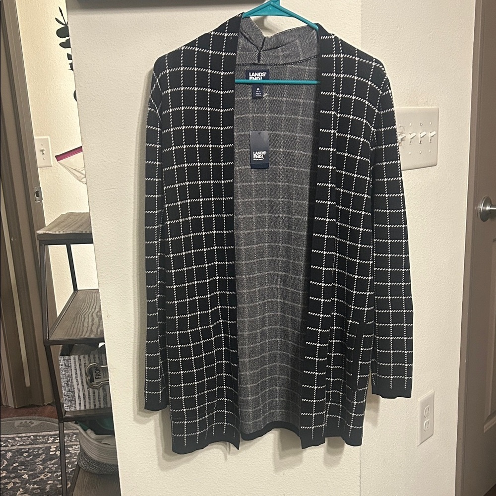 NWT Lands' End Black and White Checkered Cardigan